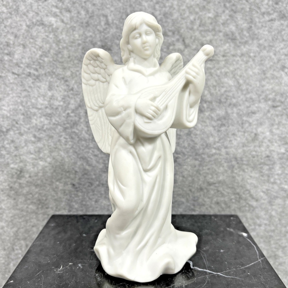 White Matte Porcelain Angel Figurine‎ Playing Lute Candle Holder Statue Decor